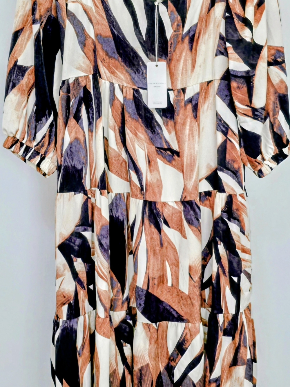 Grade & Gather Abstract Brushstroke Tiered Dress - White, Brown & Purple NWT